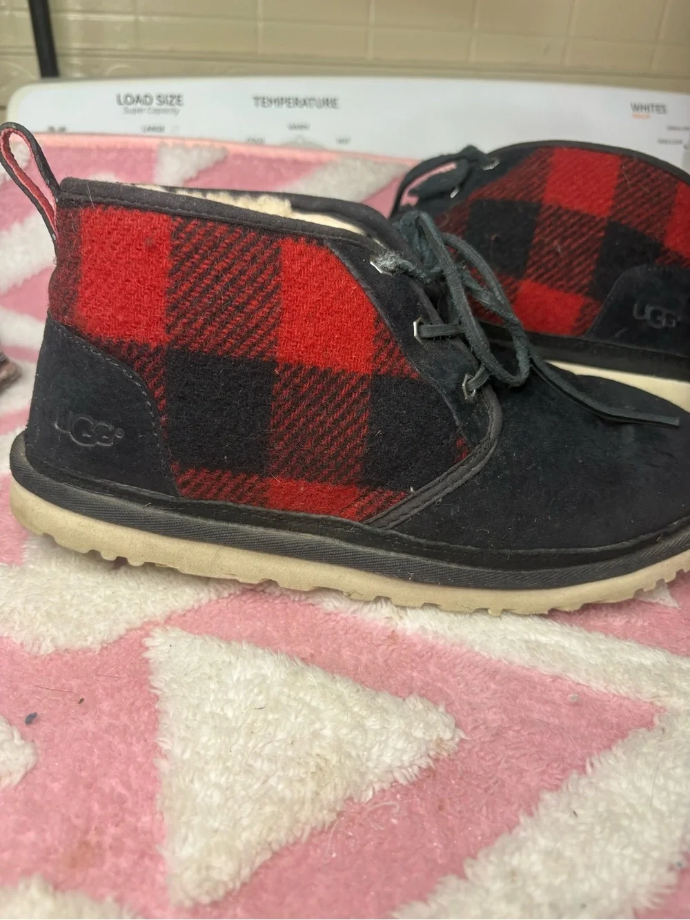UGG Black Suede Chukka Boots with Red Buffalo Plaid Panels